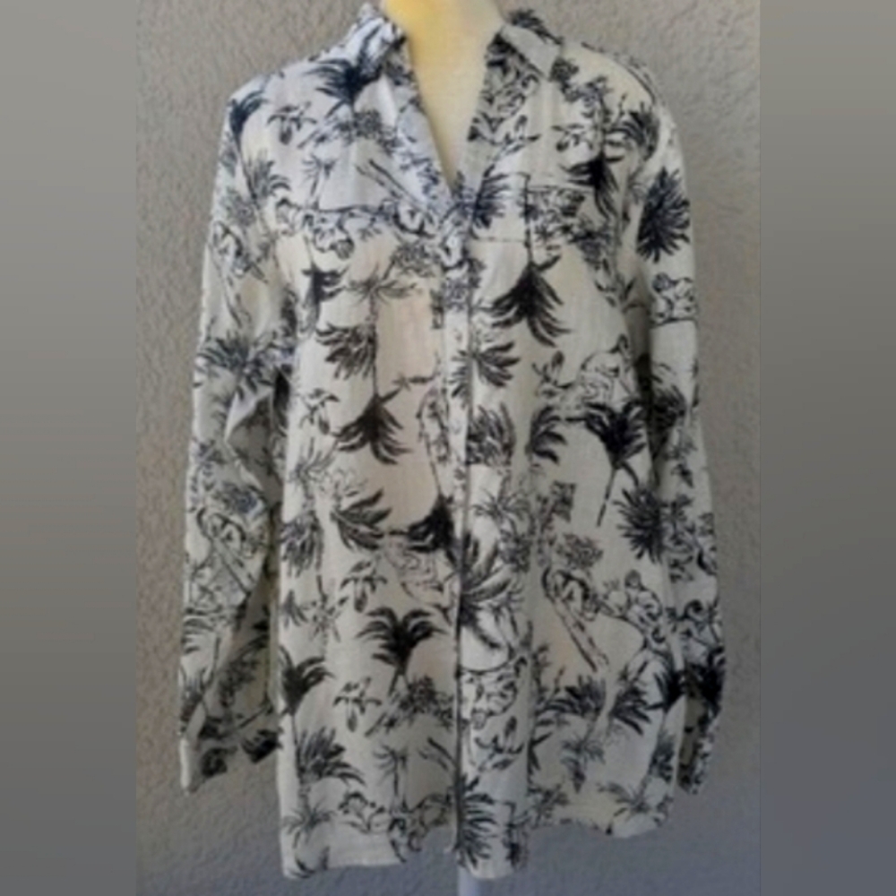 XL Joie Linen Tunic  White Black Button Shirt Tropical Blouse Roll Tab.